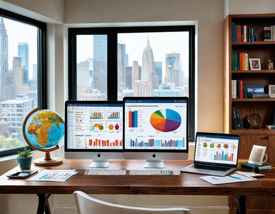 A sophisticated workspace featuring a large wooden desk cluttered with comparison charts and insurance policy documents. A laptop screen displays a vibrant dashboard summarizing different policies with colorful graphs. In the background, a bookshelf filled with risk management books and a globe symbolizing the marketplace. Bright light coming through a window creates an inviting atmosphere. 3D. vibrant colors. super-realistic.