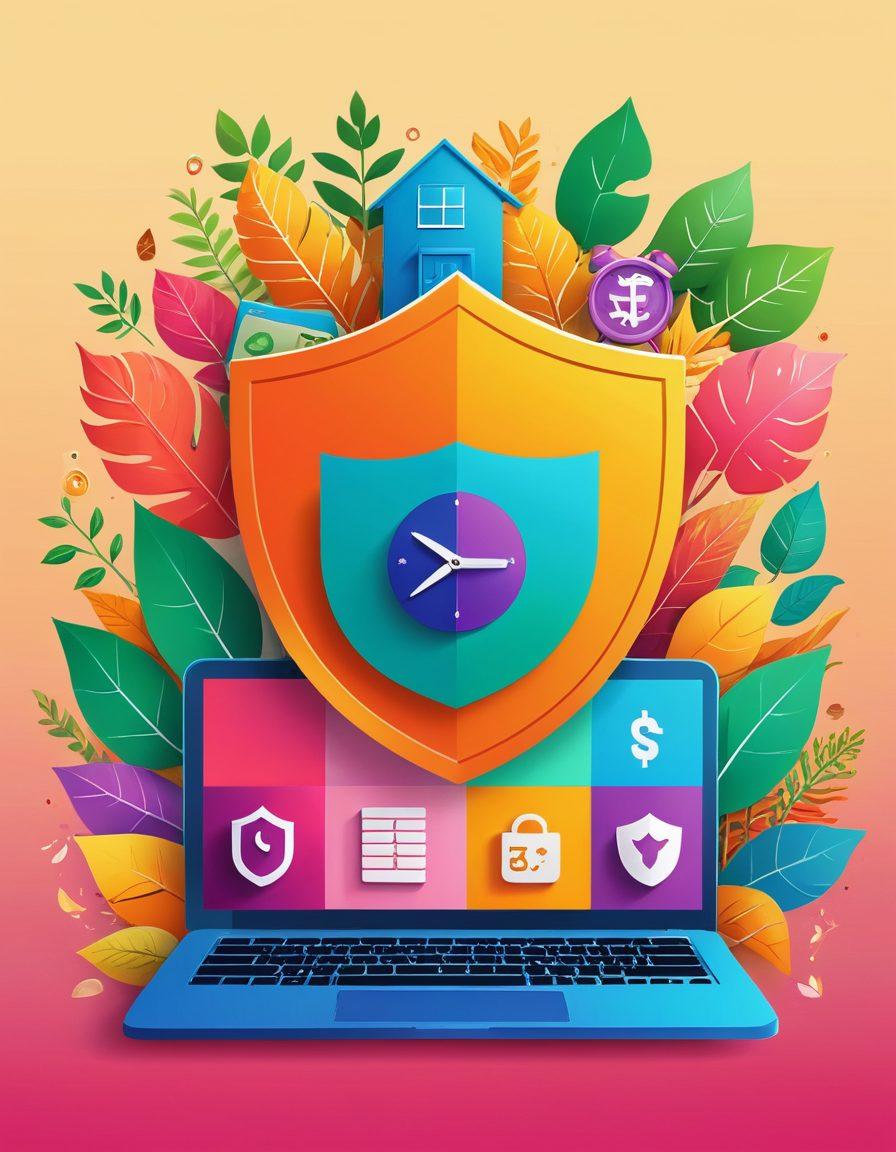 A visually engaging collage of symbols representing insurance, such as a shield, calculator, and a piggy bank, set against a bright backdrop symbolizing security and savings. Include diverse people researching on laptops, reviewing plans, and discussing options, conveying a sense of community and support. Infuse the image with elements of nature to symbolize peace of mind and financial growth. vibrant colors. vector art.