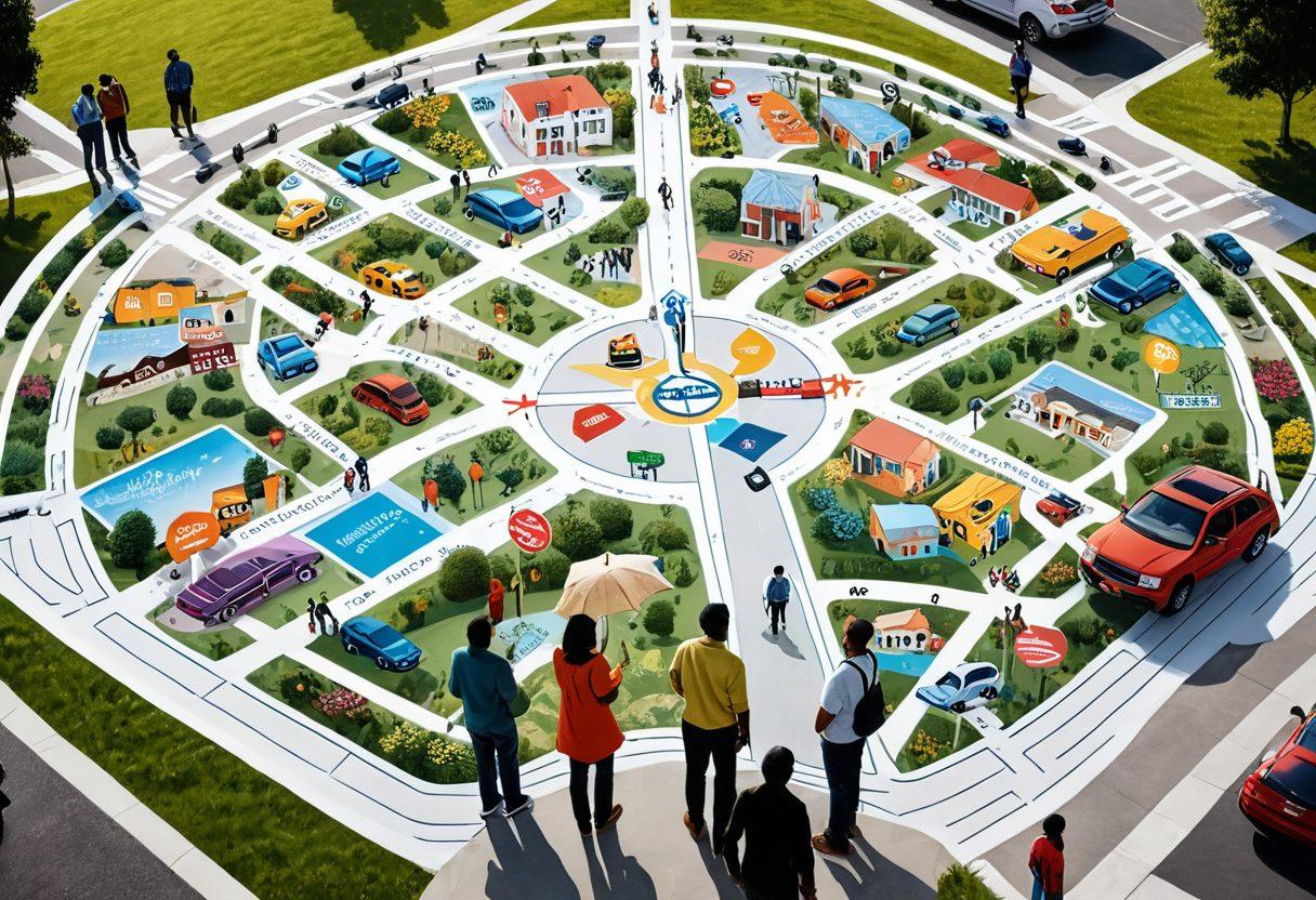 A detailed illustration of a diverse group of individuals standing at a crossroads, each holding a map labeled with different insurance options like 'Home', 'Health', and 'Auto'. The background features a labyrinth symbolizing the complexity of insurance choices, with colorful signs pointing towards affordable plans. Bright and inviting, the scene is illuminated by a warm sunlight, encouraging exploration. super-realistic. vibrant colors. white background.